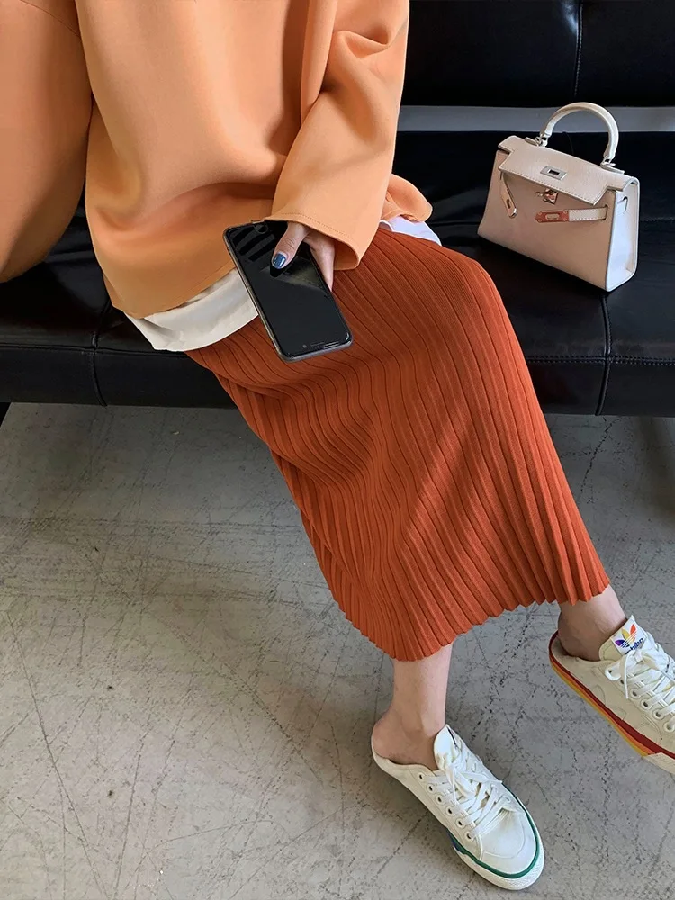 

Pleated Skirt Women's Knitted Autumn Mid-length Black And White with Pattern Korean-style High-waisted Students Fashion Slimming