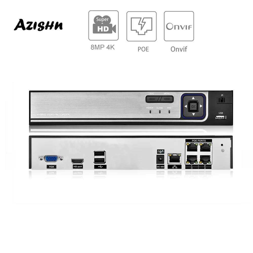 Видеорегистратор AZISHN 4K 4CH POE NVR ONVIF H.265/H.264 для системы видеонаблюдения