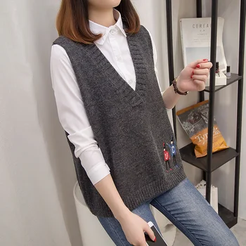 

Cartoon Character Embroidery Women Sweater Waistcoat Korean Loose V-Neck Knitted Vest Female Sleeveless Jacket Winter Pullover