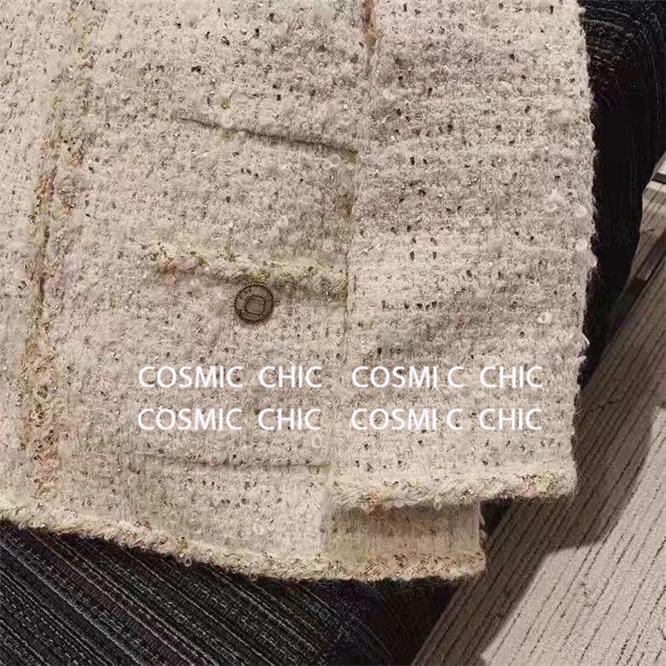 Cosmicchic Женская Осенняя элегантная белая короткая куртка Роскошная шерстяная твидовая куртка с длинными рукавами и золотым плетением нитей OL Женская куртка