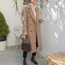 Осенне-зимняя Шерстяная Смесь Женская коричневая клетчатая утепленная теплая шерсть супер длинные пальто женская одежда