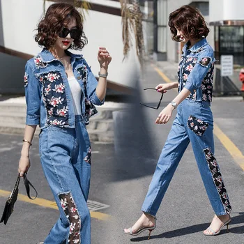 

Fashion Splice Print Summer Women Sets Crop Denim Half Short Sleeve and Pants Female Suit Two Piece Set Casual New Lady Clothing