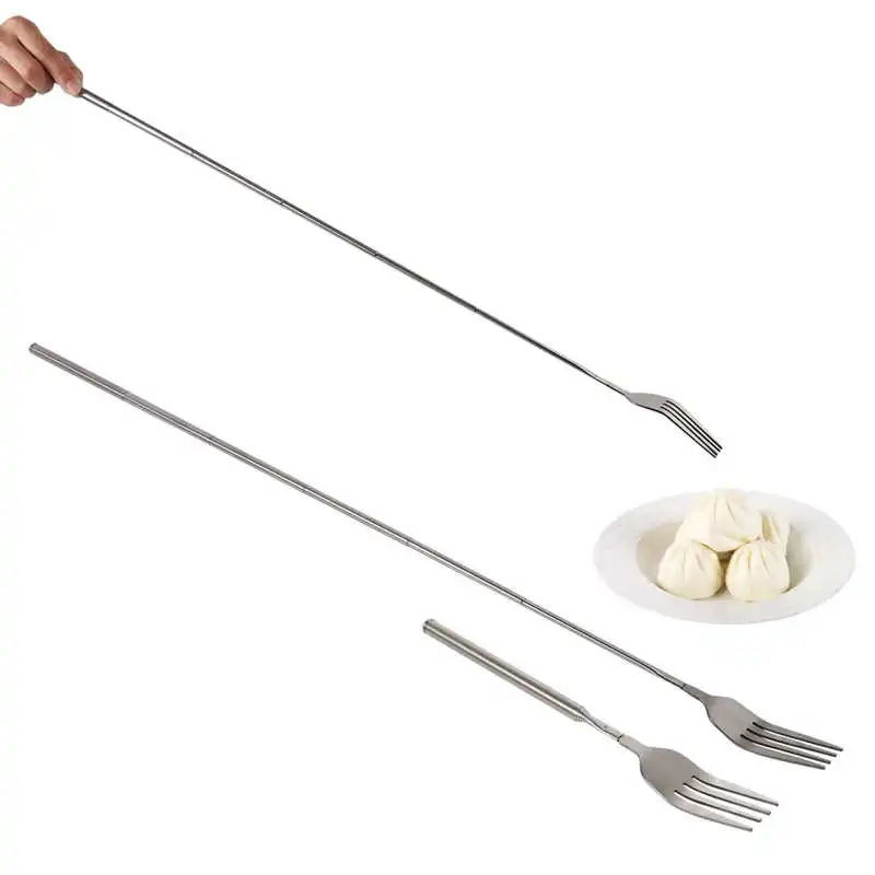 Retro Fork BBQ Telescopic Extendable Dinner Fruit Dessert Long Handle Fork Stainless Steel Cutlery Tableware