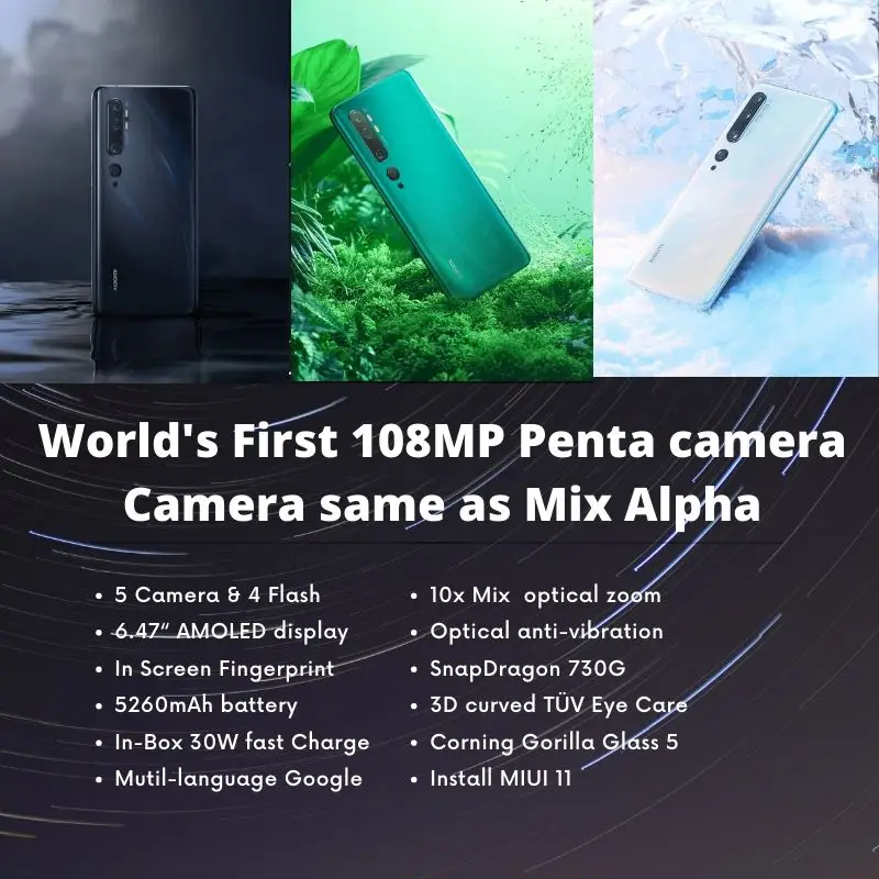 Глобальный R Xiaomi CC9 Pro / Note 10 6GB 128GB 108MP Penta Camera Smartphone 5260mah Mix Оптический зум с двойным изогнутым экраном