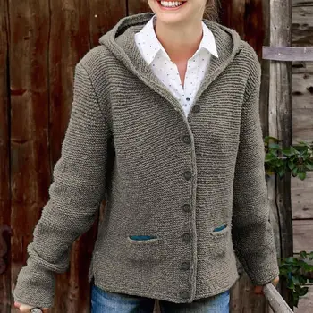 

Winter Open Stitch Pocket Hooded Sweaters Casual Women Tops Single Breasted Long Sleeve Knitted Cardigan Outerwear