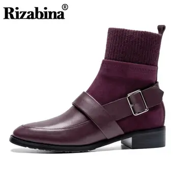 

RIZABINA New Brand Women Shoes Square Toe Thick Heel Genuine Leather Slip On Buckle Wine Red Winter Autumn Botas Size 33-40