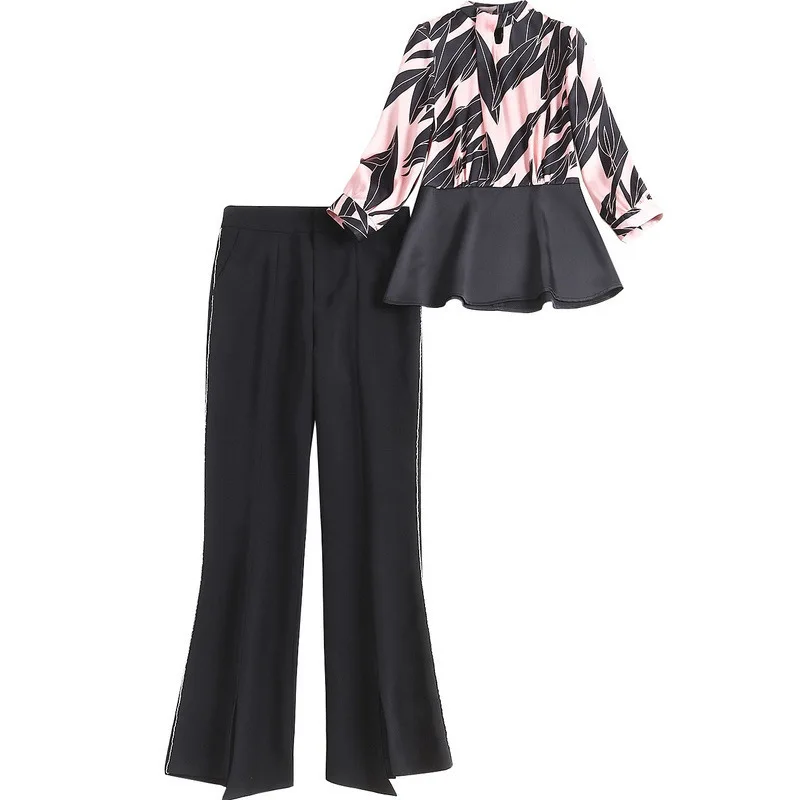 

Runway Fashion 2020 Spring Summer Women 2 Piece Set Patchwork Print Chiffon Blouse + Black Flare Pants Twinset Lady Suit