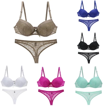 

2020 New Solid Adjustable Women's Bra Set Sexy Lace Super Gathered Bras Deep V Diamonds Decor Low Waist Underwear Plus Size 90C