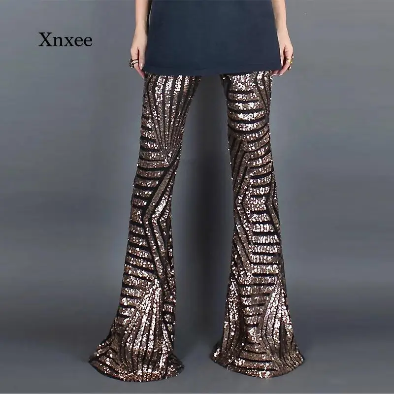 Sequin Wide Leg Flared Pants Black 