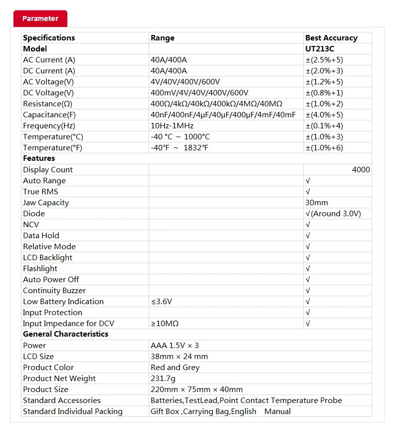 UNI-T UT213C 400A цифровые клещи сопротивление напряжения емкость мультиметр температура Авто Диапазон multimetro диод trueRMS