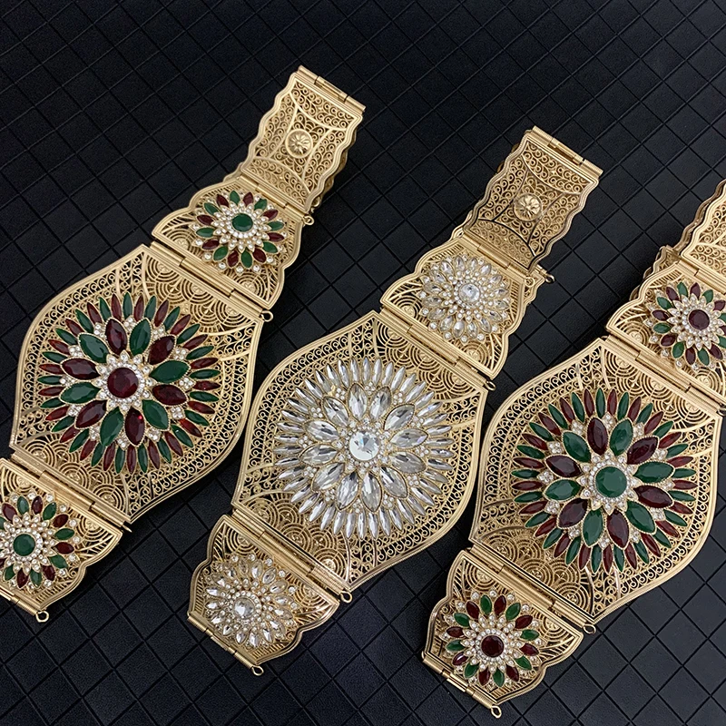 Arab Fashion Belt for Women's Robe Decorative Jewelry Gold Color Luxury Bride Waist Chain Full of Rhinestone Hollow Flowers Belt