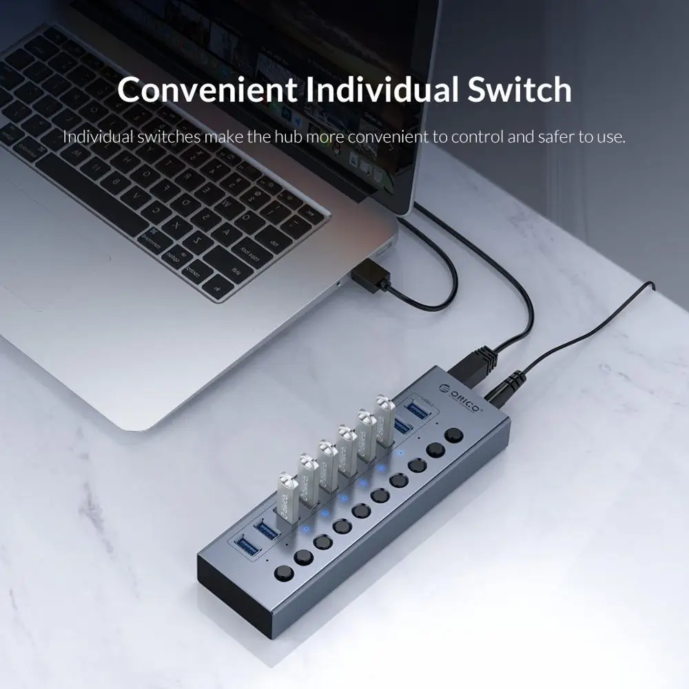 Orico-divisor Usb de Alumínio Ligar e Desligar Interruptor Suporte de Computador Adaptador de Alimentação 12v Industrial Usb 3.0 Hub 10 13 16 - Imagem 2