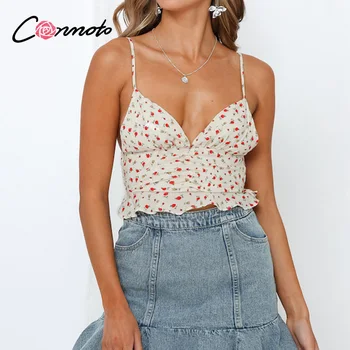 

Conmoto backless chiffon camis tops women deep v casual boho floral crop tops bow beach summer ruffles short tanks shirt