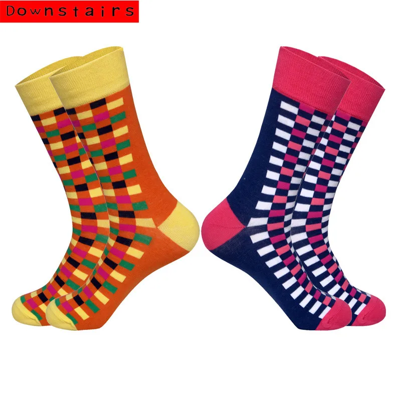 Внизу 2 Пары Лот мужские брендовые носки мужские забавные цветные узоры уличная одежда хип хоп счастье хлопок Calcetines Largos Hombre - Цвет: Blocks C