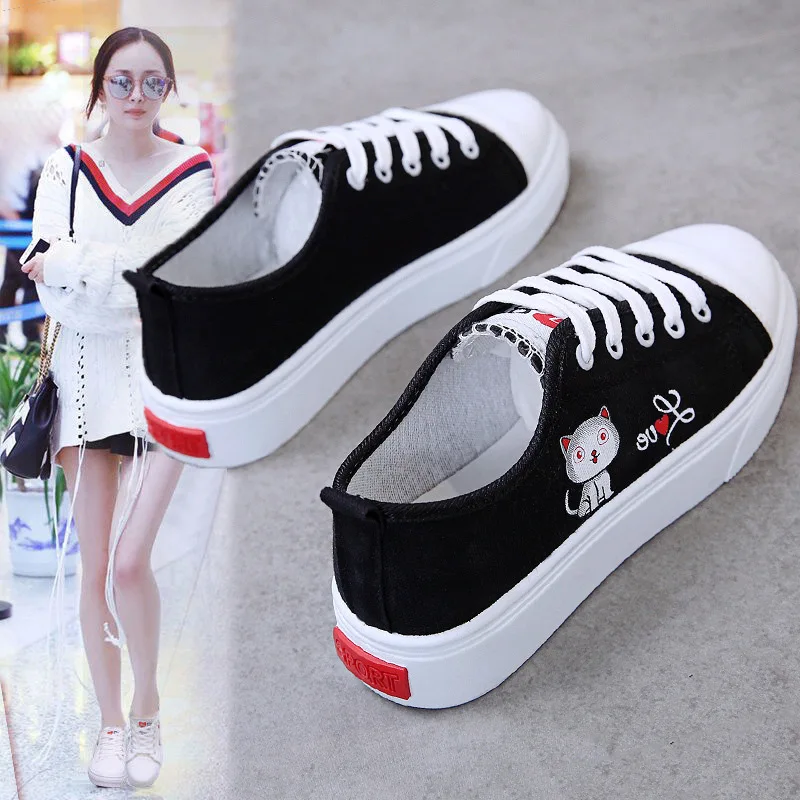 

New Style Middle School Students Fashion Canvas Shoes Comfortable Flat Casual Lace-up WOMEN'S Shoes Korean-style Trend Cartoon W