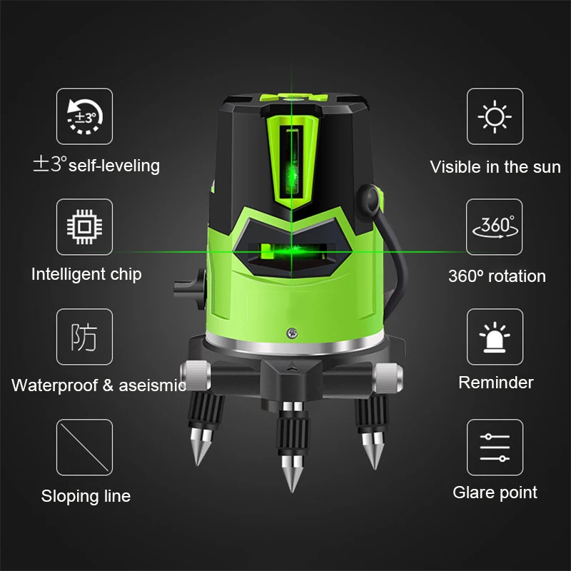 Green Light Laser Level 2/3/5 Lines Level Ruler 360 degree Fine-tuning Outside Strong Light Level Meter Cross Line Glare Point