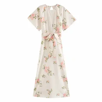 

New 2020 women elegant o neck floral print split long dress chic female sexy backless bow sashes vestidos party dresses DS3668