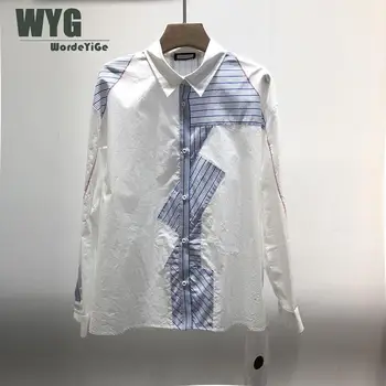 

Unique Designer Casual Cotton Shirts Women 2020 Spring New Striped Patchwork Long Sleeve White Blouese and Tops