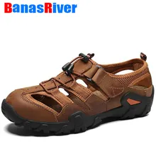 Новая летняя мужская обувь модные повседневные сандалии кожаные Нескользящие кроссовки, пляжная обувь на плоской подошве, дышащая прогулочная Уличная обувь, большие размеры 38-48