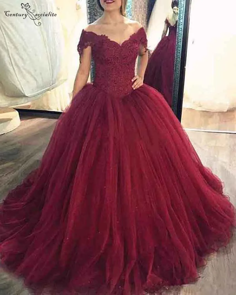 Элегантные бордовые платья Quinceanera с открытыми плечами Пышная юбка кружево с аппликацией и бисером сладкий 16 платье Vestidos De quinceagnera