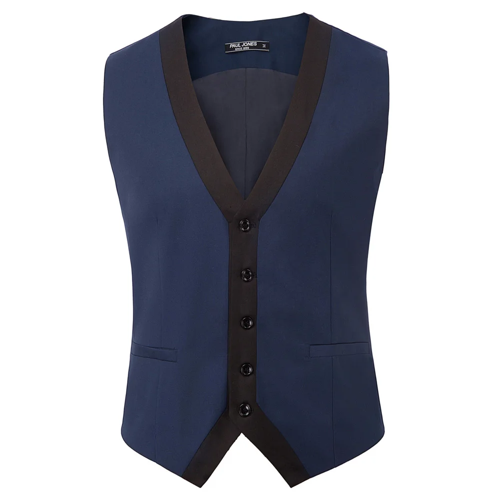 

Navy Blue Men vest jacket clothes summer autumn Contrast Color Vest Waistcoat Sleeveless Deep V-Neck Stylish Slim Fit coat male