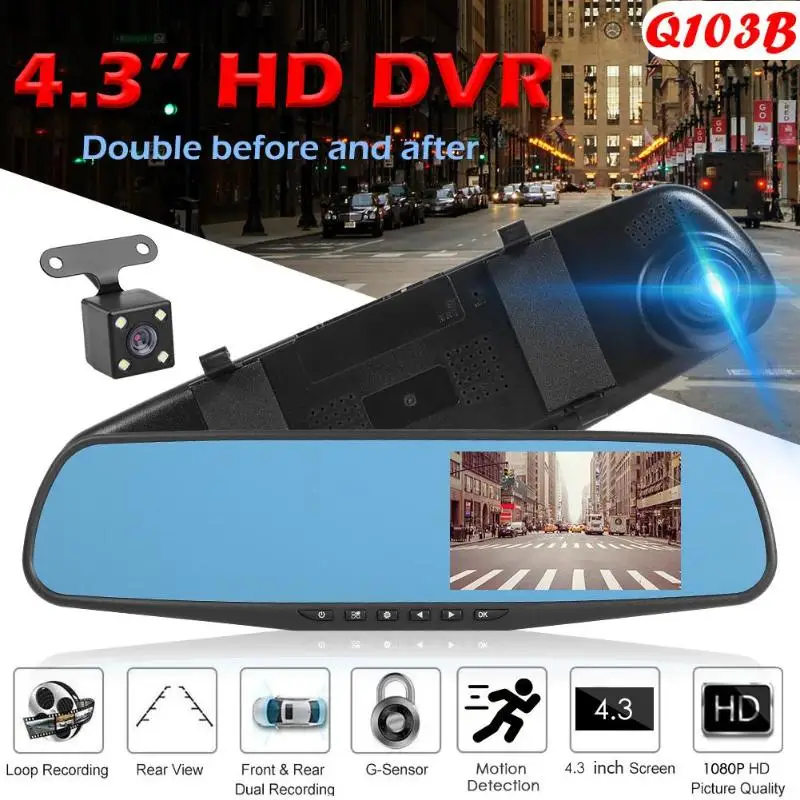 VODOOL Q103B Car Mirror DVR Camera 4.3 inch IPS Screen 1080P HD Auto Rearview Mirror Dashcam Dual Lens Video Recorder Dash Cam