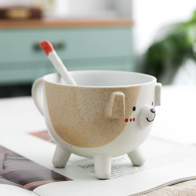 Oussirro креативная милая собака керамическая кружка с ложкой специальная щелевая чашка миска для завтрака дома офиса подарки к празднику для чая поилка