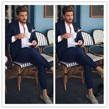 Новые модные темно-синие мужские свадебные костюмы из 2 предметов смокинги для жениха классический наряд мужские блейзеры мужская одежда(куртка+ штаны