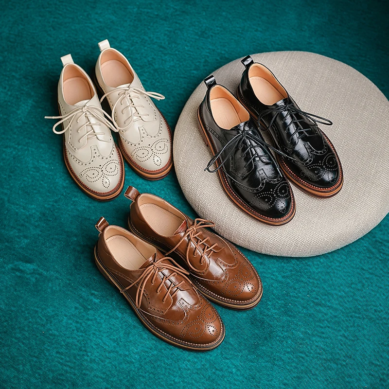 Zapatos planos Oxford de cuero genuino para mujer, zapatos Brogues
