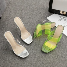 Прозрачные босоножки; туфли на высоком каблуке; Цвет зеленый; женские босоножки на квадратном каблуке; индивидуальная хипстерская обувь; sandalia feminina