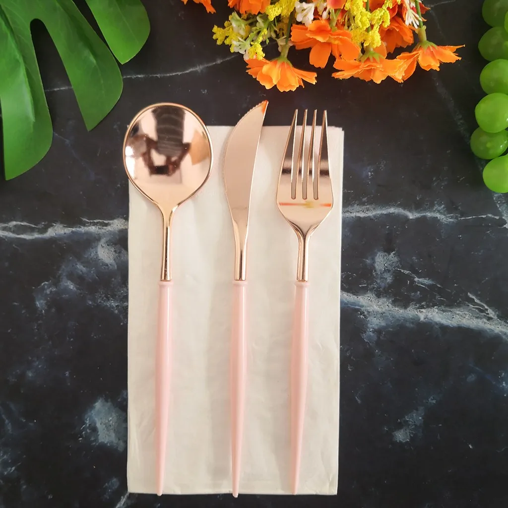 5 set Plastic Rose Gold Tableware Set Cutlery Western Food Tableware Teaspoon Luxury Knife fork spoon dessert Party Supplies