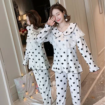 

Pajamas New Fashion Fresh Pure Cotton Pyjamas Suit Ruffled Long-sleeved Solid Pijamas Round Neck Lace Nightwear Home Clothing