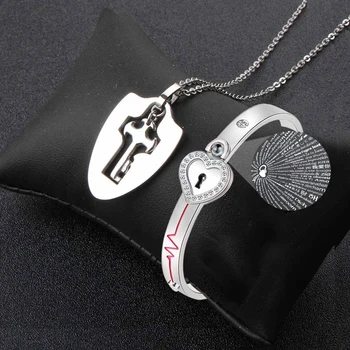

MIDY Love Heart Lock Key Couple Necklace Set 100 Languages I Love You Projection Bangles Stainless Steel Lovers Memory Jewelry