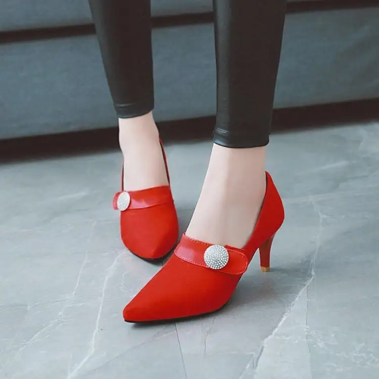 

2019 Spring Low-top Shoes Pu High-Heel Deep Mouth Man-made Diamond Mixed Colors