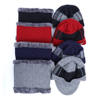2019 New High Quality Winter Knit Beanie Scarf 2 Pieces Set Thick Lining Plus Velvet Men's Visor Hat Warm Dad Cap Soft Balaclava 2