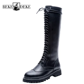

Genuine Leather Fashion Cross Tied Autumn Winter Black High Boots Fashion Side Zipper Round Toe Thick Bottom Female Knight Boots