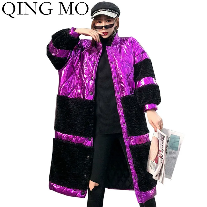 QING MO черные зеленые красные женские зимние парки 2019 Цветные в стиле пэчворк с