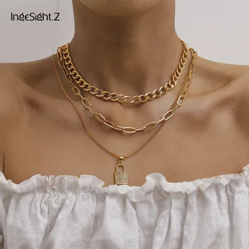 

IngeSight.Z 2Pcs/Set Multi Layer Crystal Padlock Pendant Necklace for Women Statement Rhinestone Choker Necklaces Collar Jewelry
