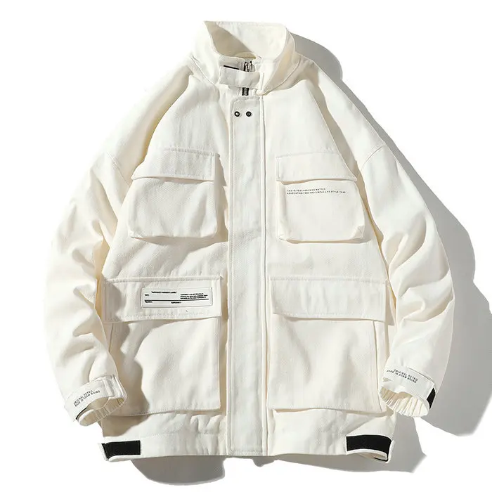 Осенняя Рабочая куртка Мужская Уличная однотонная Куртка хип-хоп пальто с длинными рукавами карманная ветровка мужская куртка-бомбер - Цвет: White