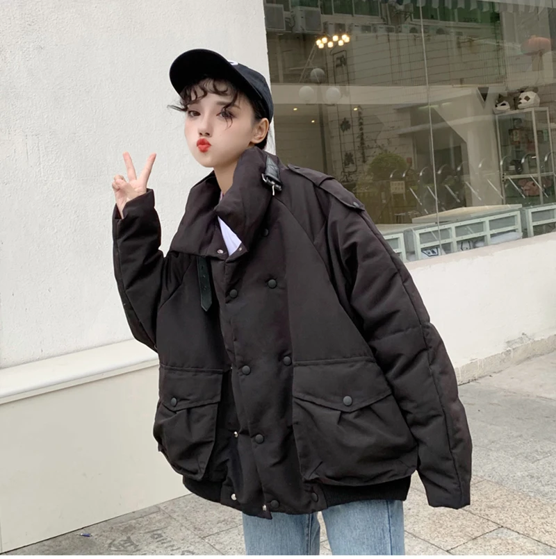 Harajuku BF утолщенные женские парки Повседневный свободный пуховик с высоким воротом женское теплое зимнее пальто с хлопковой подкладкой для женщин