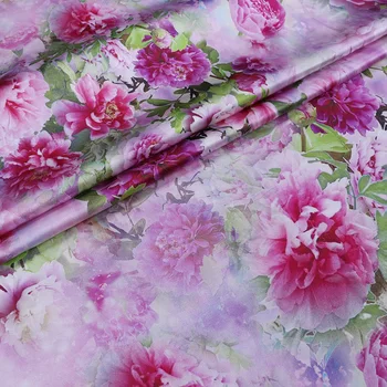 

Real Silk Fabric Pink Flowers 93% Silk 7% Spandex 19 MM Color Mulberry Elastic Satin Cheongsam