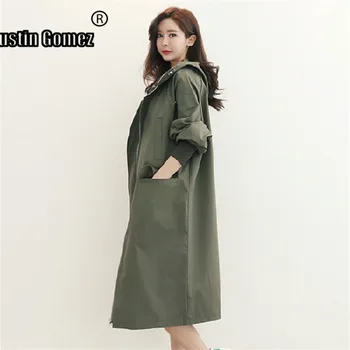 

Cotton Army Green Autumn Women Trench Coat With Hood Zipper Loose Black Cardigan Pocket Streetwear Midi Chic Women's Windbreaker