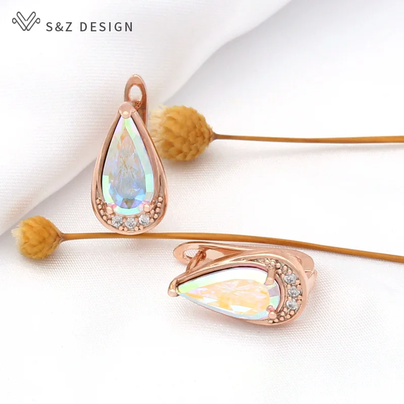 S&Z DESIGN New Colorful Water Drop Crystal Dangle Earrings Rose Gold Color Cubic Zirconia Eardrop For Women Wedding Jewelry Gift