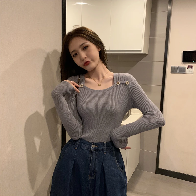 

Sexy Square Collar Button Shirt Fall 2020 Elegant Casual Long Sleeve Solid Color Top Beware of Machine Leakage Clavicle Retro Fa
