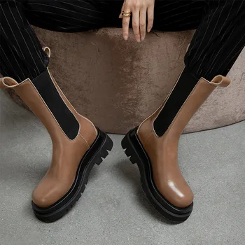 

Xu with European 2020 autumn new sponge thick bottom female leather cowhide Martin boots for cylinder high boots