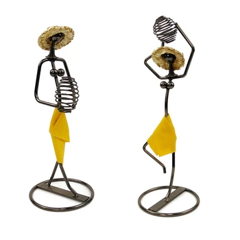 

2 Pcs Flowers Holder Vase Metal Iron Girl Yellow Skirt Cloth Straw Hat Figurines Craft Hotel Home Decoration -B & A