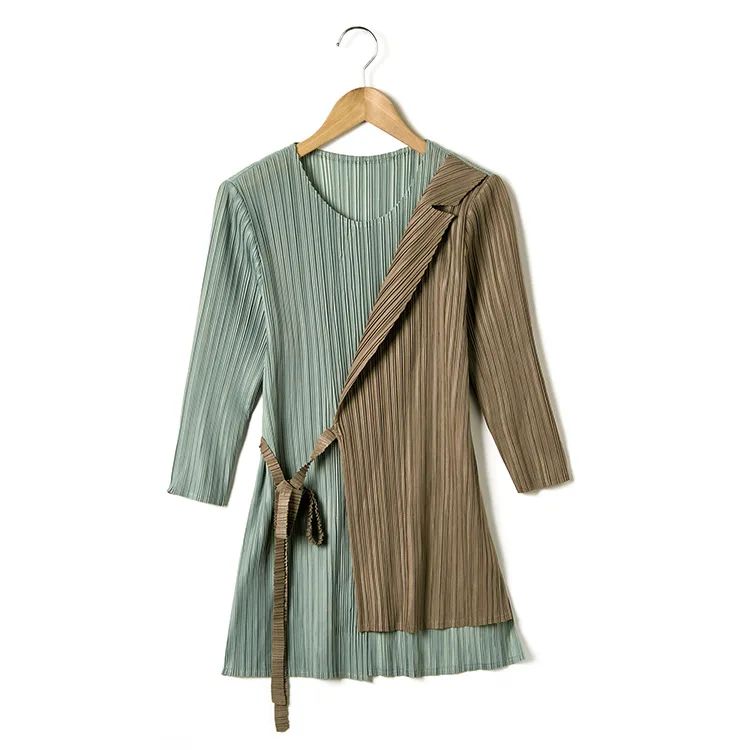 Горячая Miyake fold Модная уникальная футболка с рукавом три четверти и круглым вырезом Лоскутная нестандартная футболка