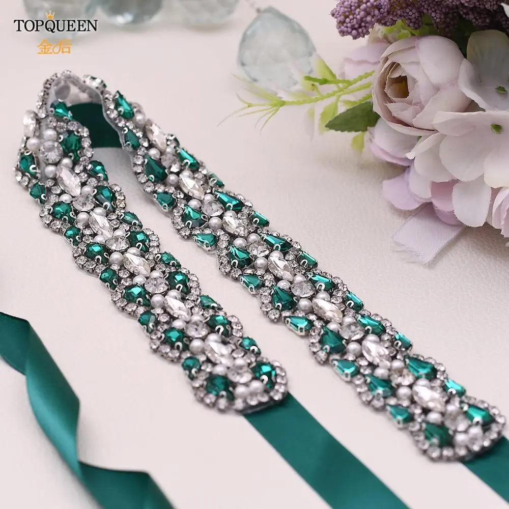 

TOPQUEEN S466 Luxury Green Rhinestone Sash Belt for Wedding Dress Plus Size Women Belts Ribbon Belts for Women Satin Sash Belt