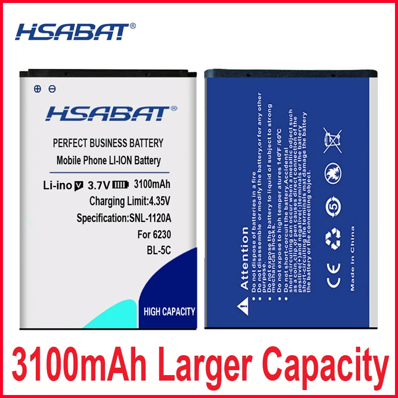 Аккумулятор HSABAT BL-5C 3100 мАч для Nokia 1100 1110 1200 1208 1280 1600 2600 2700 3110 5130 6230 6230i n70 n72 |