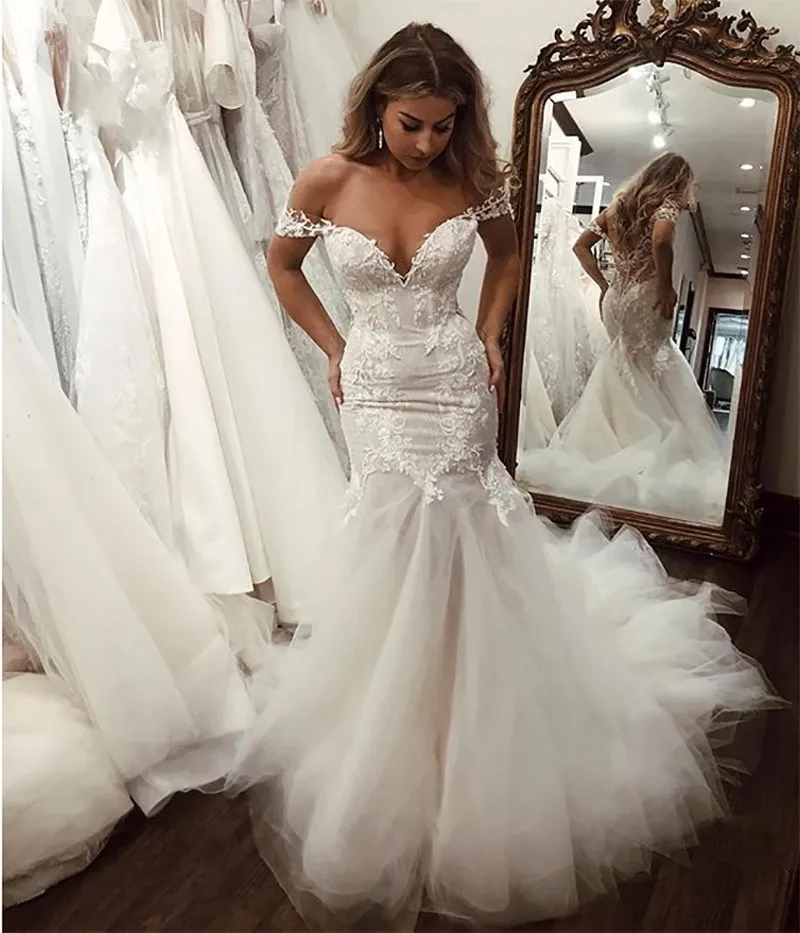 

2020 Backless Mermaid Wedding Dress zipper Off The Shoulder robe de mariee Appliqued Lace Bride Gowns Long Vestidos de novia